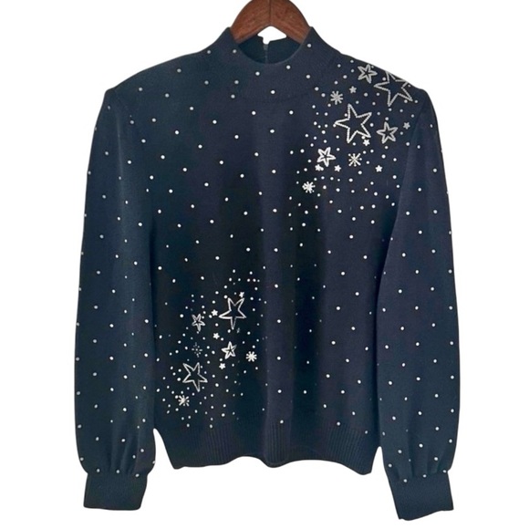 St. John Evening Black Long Sleeve Knit Sweater with Silver Stars Size Small - Picture 8 of 8